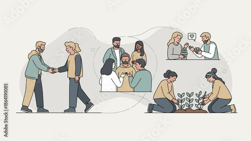 Diverse group of people collaborating and sharing positive interactions in various community settings