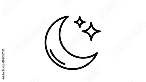 Simple black line drawing of a crescent moon with stars.