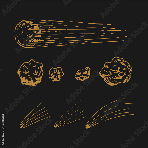 Set of meteor, asteroids. Hand drawn vector illustration.