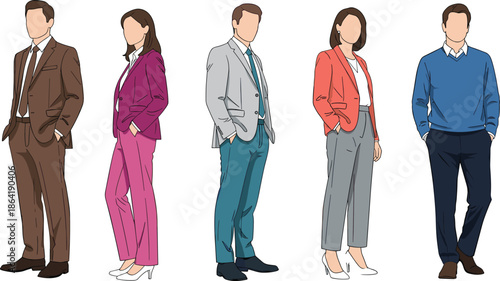 Professional men and women standing in stylish business suits and smart casual attitude, modern office fashion flat vector illustration set,