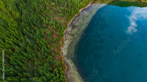 Aerial lake view, in Sete Cidades, traveling Sao Miguel, Azores islands.