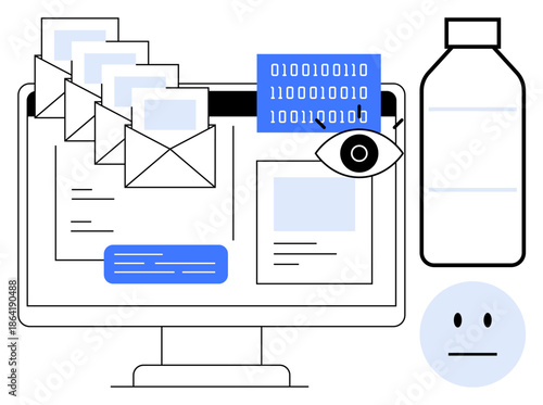 Data privacy, cybersecurity, email communication, online monitoring, digital surveillance, system security. A computer screen displays emails, binary code and icons. Data privacy and cybersecurity