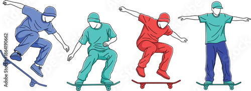 Set of colorful skateboarder illustrations featuring young men performing jumps and tricks on skateboards isolated on a clean white background.