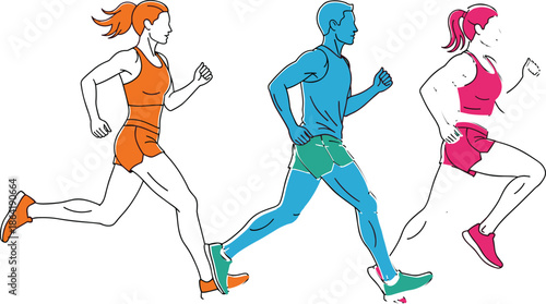 Set of colorful line art illustrations featuring various men and women running and jogging isolated on a clean white background.