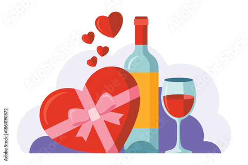 heart shaped box of chocolates sits next to a bottle of wine and a glass, a premium ranked vector concept representing romance, luxury gifts, valentine themes, and intimate celebration design ideas.