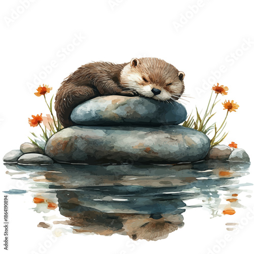 Otter Resting, clipart watercolor vector with gentle, isolated on a white background.
