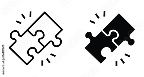 Simple pieces Puzzle black and white vector icon set. Perfect jigsaw puzzle vector icon. The puzzle pieces are joined. Puzzle piece icon filled and line style. Vector illustration.