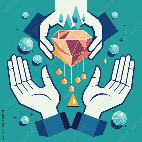 Protecting valuable resources hands cradling a large diamond with dripping liquid elements
