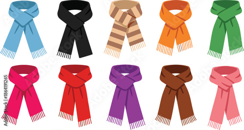 Colorful scarf collection, fashion accessories, looped knot style, winter wear, textile variety, vibrant patterns, clothing design, fabric showcase, wardrobe essentials