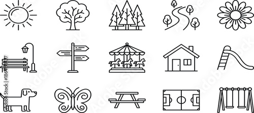 Park and nature line icon set featuring trees, playground equipment, paths, benches, animals and outdoor recreation symbols