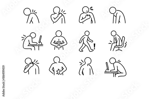 Ergonomic burnout desk posture stress hint early digital feedback icons vector focus