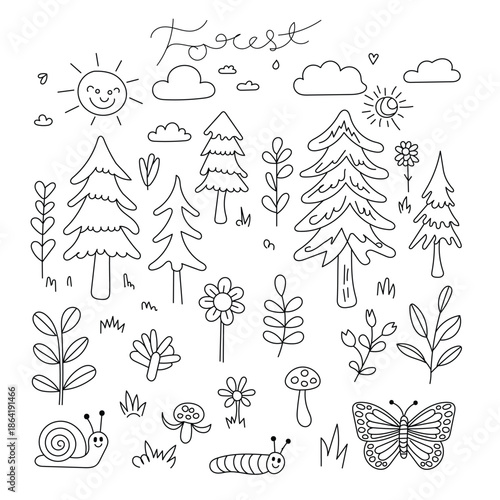 Hand-drawn, charming illustration of a forest with trees, sun, and playful creatures
