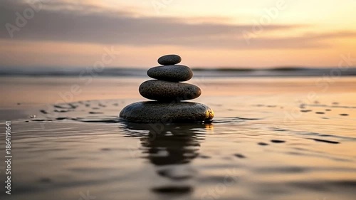 Zen stones stacked on a beach at sunset with gentle waves.