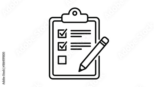 Simple line art illustration of a clipboard with a checklist and pencil.