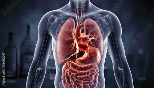 Human body showing internal organs such as lung, heart, and digestive system. Concept of anatomy, health, disease, and the effect of lifestyle.