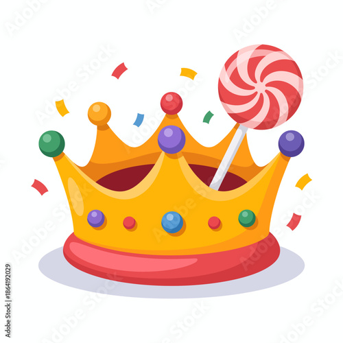 A vibrant party crown adorned with a candy swirl, representing celebration, joy, and festive occasions suited for birthdays or festive events.