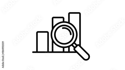 Simple line icon of magnifying glass examining bar graph.