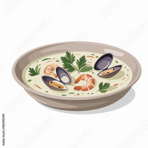 A mouth-watering seafood dish displayed in a bowl, featuring shrimp and mussels, garnished with fresh herbs, symbolizing culinary art and the joy of gastronomy.