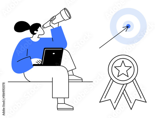 Goal setting, career planning, business strategy, innovation, achievement, focus. Person using telescope and laptop, target and award ribbon. Career planning and goal setting ion
