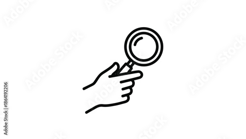 Simple line drawing of a hand holding a magnifying glass.