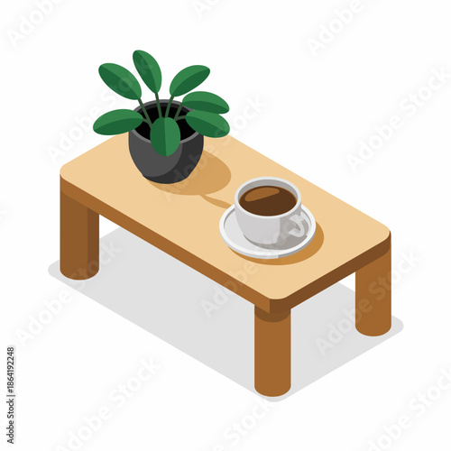 This image captures a coffee cup placed on a wooden table beside a vibrant potted plant, illustrating a serene and inviting moment perfect for relaxation or contemplation.