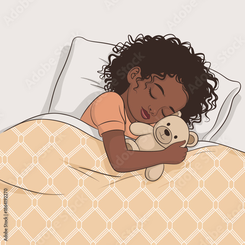 This tender image features a young child peacefully sleeping with a teddy bear, capturing innocence and comfort in a cozy bedroom setting, perfect for themes of childhood.
