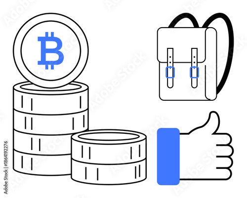 Bitcoin concept. Bitcoin coins digital currency, while a backpack wallet and thumbs-up represent secure storage and approval. For fintech, blockchain, e-commerce, investments, and business