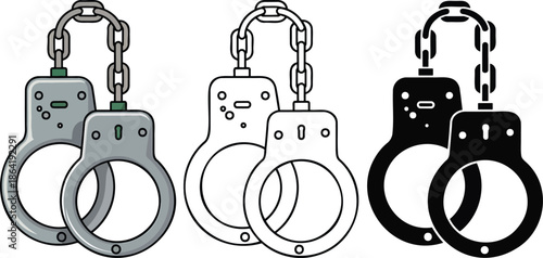 Handcuff silhouette & Outline and illustration set isolated on transparent background
