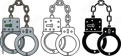 Handcuff silhouette & Outline and illustration set isolated on transparent background