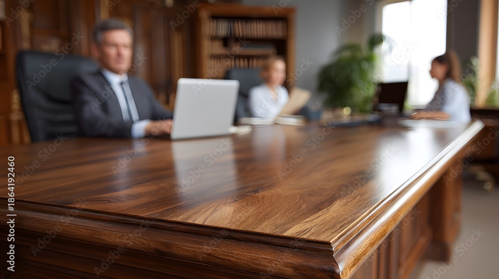 Fototapeta premium Business professionals collaborate around a polished wooden executive desk in a modern office setting