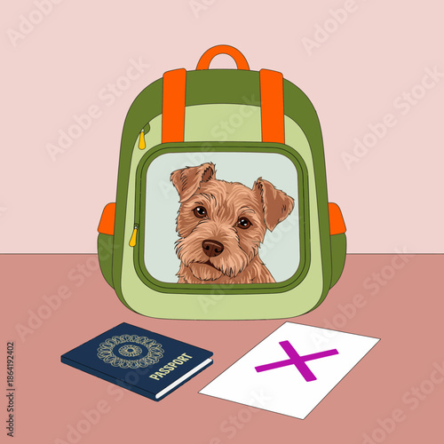 A backpack with a picture of a dog, symbolizing travel, adventure, and companionship, showcasing the love for pets and memorable journeys together.