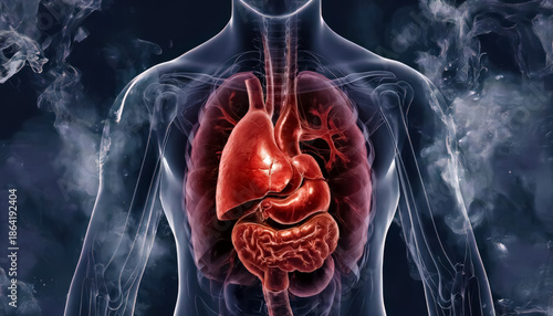 Visual representation of human anatomy with internal organs. Medical illustration showing heart, lungs, and intestines for educational purpose. Biology study concept.