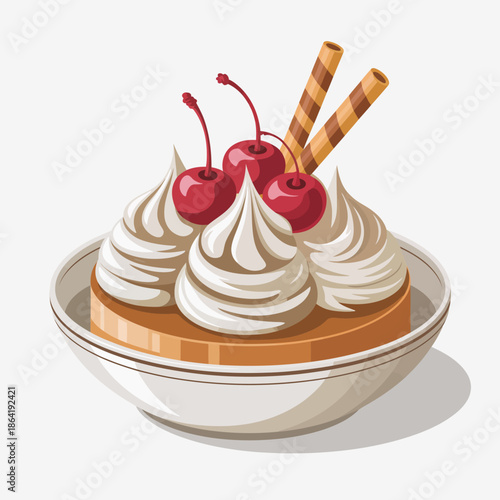 A delectable dessert featuring fluffy whipped cream, topped with bright red cherries and accompanied by crunchy wafer sticks, perfect for sweet lovers and dessert enthusiasts.