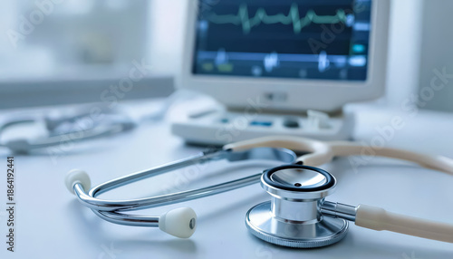 Stethoscope and medical monitor with heart rate display. Healthcare equipment for diagnosis and patient care. Cardiology and emergency concept.