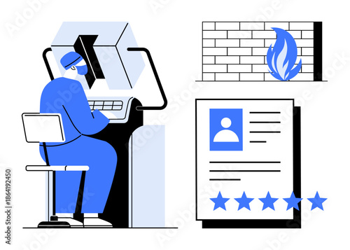 Cybersecurity expert working on a computer, firewall icon symbolized by a flame and wall, detailed user profile with star rating. Ideal for IT security, data protection, identity verification