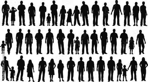 Human silhouette collection, diverse figures, standing poses, group interaction, black silhouettes, family unity, people variety, posture icons, social diversity