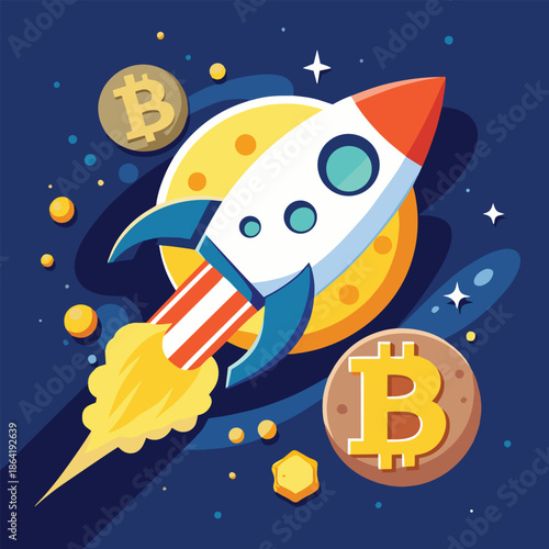 A rocket ship blasting off towards the moon with bitcoin and golden coins
