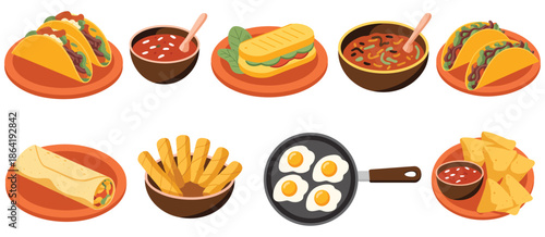 mexican food illustration set featuring tacos, burrito, quesadilla, nachos, churros, and chili bowls, a top ranked collection of vibrant vector illustrations perfect for culinary, restaurant, and