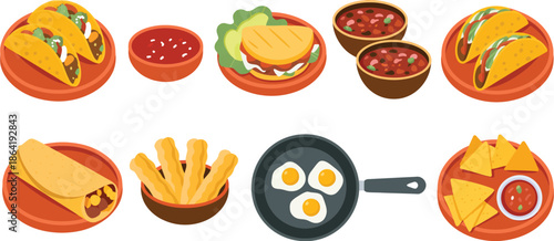 mexican food illustration set featuring tacos, burrito, quesadilla, nachos, churros, and chili bowls, a premium ranked set of colorful vector food icons ideal for menus, social media, packaging, 
