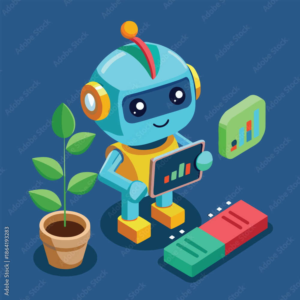 Obraz premium A friendly cartoon robot presenting data analysis with a plant and building blocks