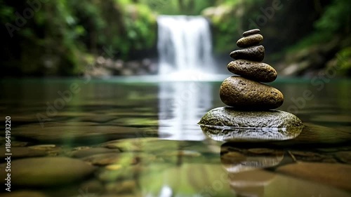 Zen Stacked Stones in Front of Serene Waterfall in Lush Forest.
