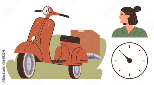Delivery, logistics, online shopping, parcel transport, express services, time management. A scooter with a box, a female courier and a clock. Delivery and logistics