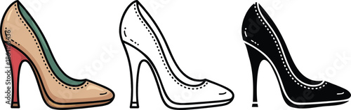 High-heeled court shoe silhouette & Outline and illustration set isolated on transparent background