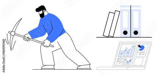 Data mining, analytics, business strategy, information processing, technology use, productivity. Worker digging with pickaxe, charts on screen files nearby. Data mining and analytics concept