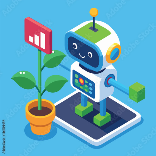 A charming robot tending to a growing plant on a digital device