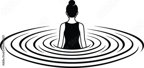 Minimalist woman silhouette meditating in water ripples, calm mindfulness concept, inner peace illustration, zen relaxation, mental health awareness, abstract line art design