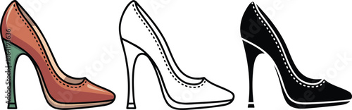 High-heeled court shoe silhouette & Outline and illustration set isolated on transparent background