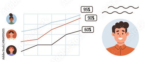 Data analytics, business progress, teamwork, performance tracking, user statistics, professional growth. A rising chart with user avatars and a smiling male profile. Data analytics and business