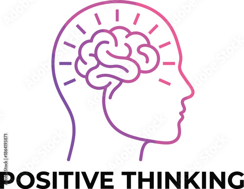 Positive thinking concept illustration, human head profile with brain, mental health awareness, mindset development, psychology symbol, motivation inspiration, self improvement, 