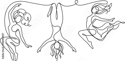 Continuous one line drawing of three women dancing and jumping in mid air for artistic movement and graceful modern expression.